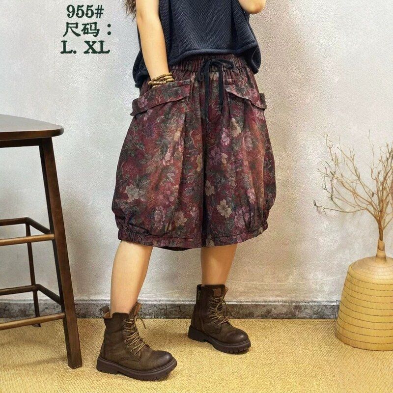 2026 Summer New Vintage Loose Plus-Size Printed Elastic Waist Fashion Wide-Leg Denim Shorts Trendy Shorts 2026 Summer New Vintage Loose Plus-Size Printed Elastic Waist Fashion Wide-Leg Denim Shorts Trendy Shorts