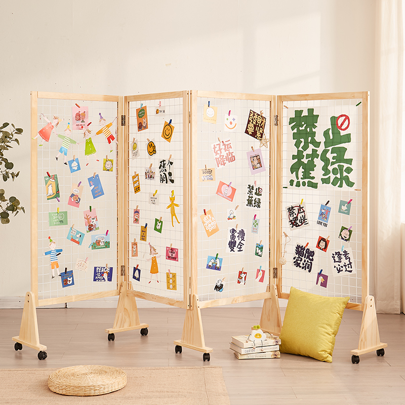 Grid Show Shelf Solid Wood Mobile Shelf Foldable Kindergarten Calligraphy Fine Art Painting Exhibition Will Floor Shelf-Taobao