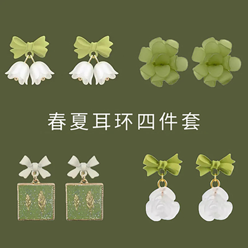 Green lily-of-the-valley flower earrings Sen earrings ear clips women without ear holes summer sweet earrings high-end all-match
