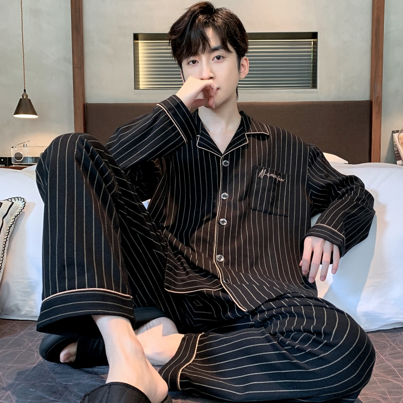 Men's Pajamas, Spring and Autumn Long-Sleeved 2026 New Style, Men's Cardigan, Simple Loungewear, Men's Suit, Can Be Worn Outside in Winter