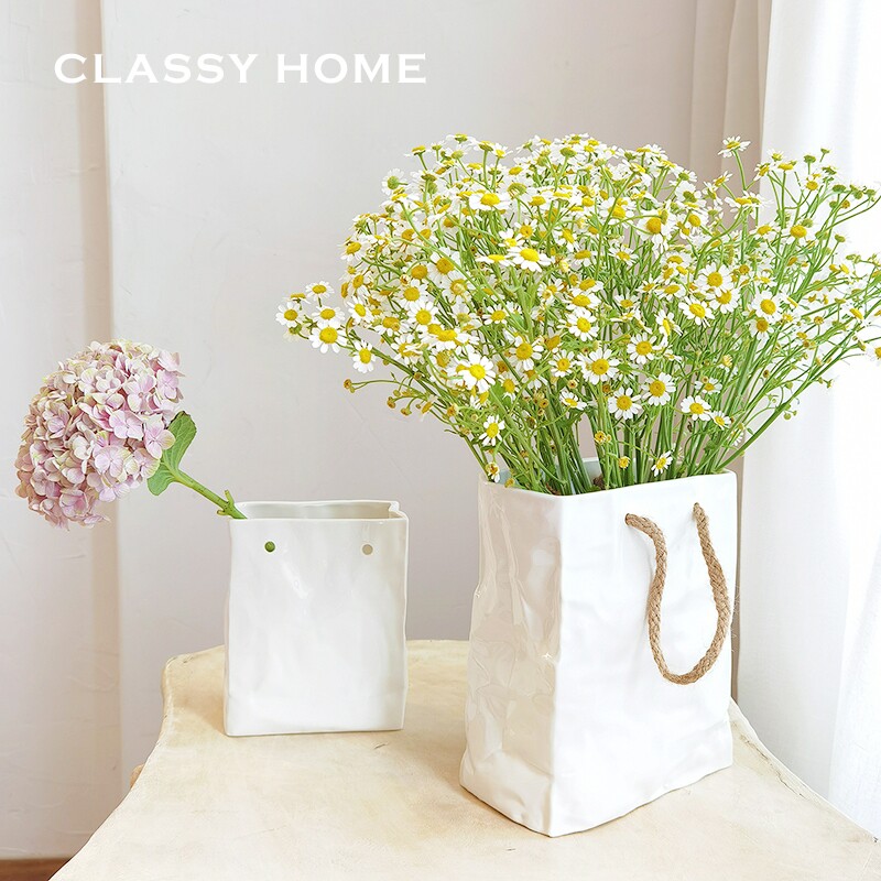 Nordic modern geometric paper bag shape ceramic vase flower ornaments American French rural pastoral European simplicity