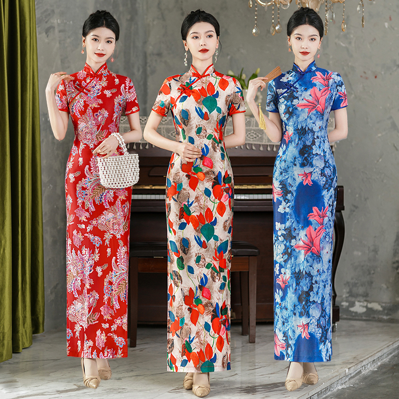 Northeastern Style Daily Improved Long Cheongsam for Exams, Youthful Style for Young Girls, High-End Elegant Printed Runway Dress