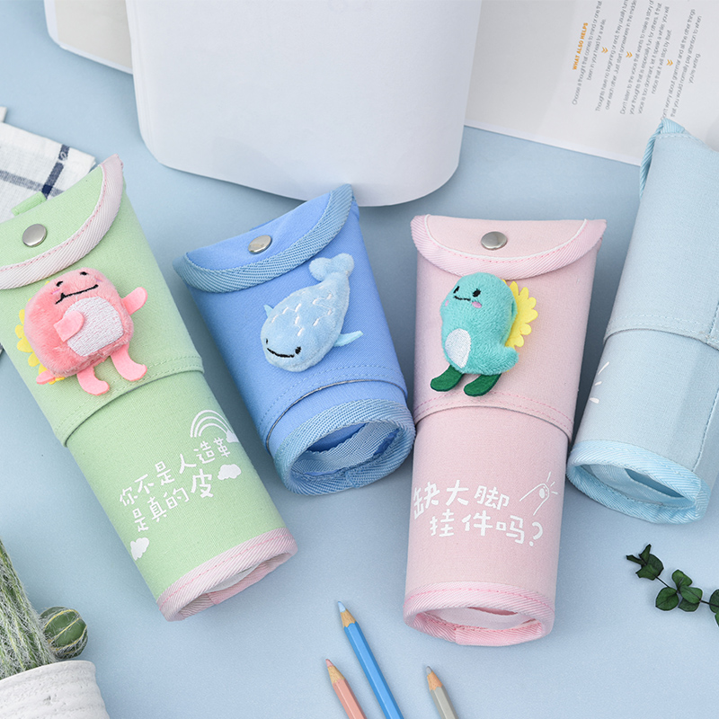 Retractable pencil case pen holder type Korean small fresh canvas round salt stationery bag ins trendy girls and children students with cute girl heart pencil case large capacity simple creative personality funny