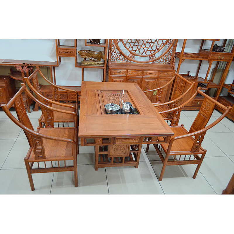 Red Wood Furniture Tea Table Entertainment Table Casual Table Imitation Ancient Solid Wood Six Sets East Yang Wood Carving Africa Flower Pear Wood