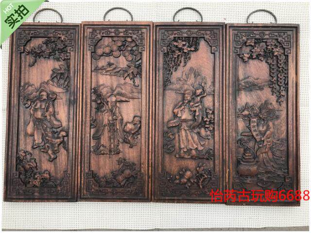 Wood carved wood hanging screen Flu Suxi four screen modern Chinese antique living room library background wall hanging
