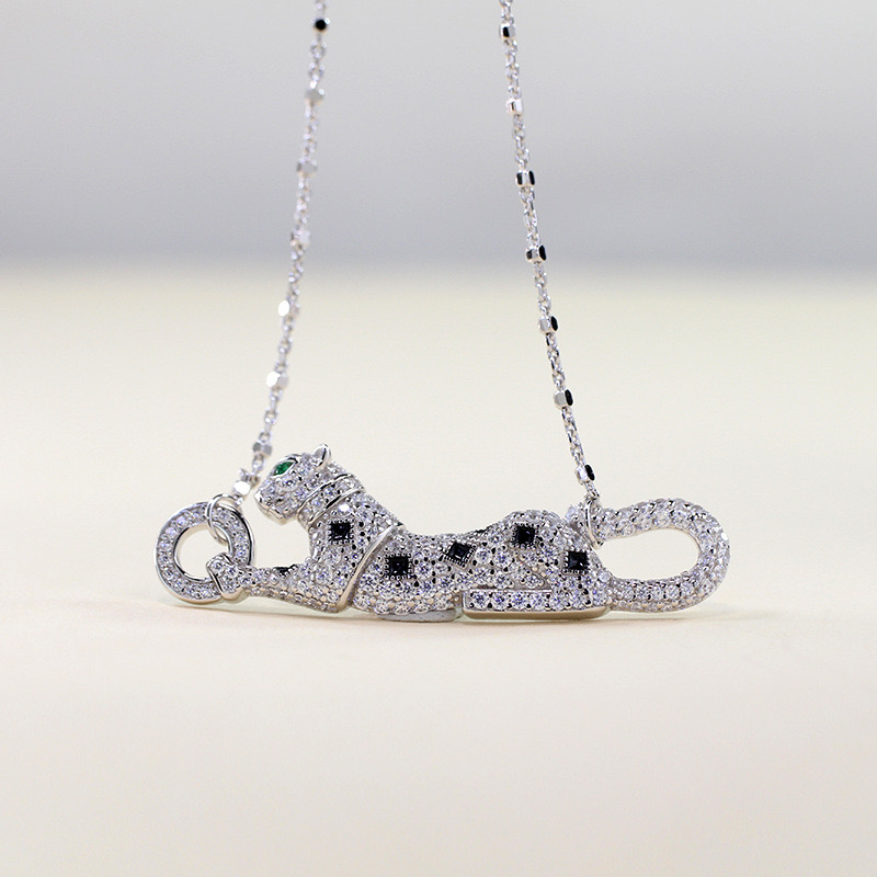 S925 Sterling Silver Leopard Necklace with Enamel Black Pattern, Light Luxury, Full of Diamonds, High-End Feel, Green-Eyed Leopard, Women's Clavicle Chain