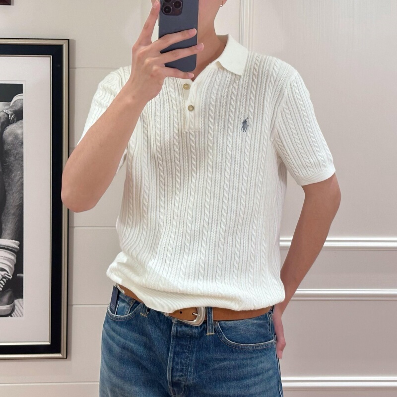 American-Style Paul Men's Twist-Knit Short-Sleeve Polo Shirt, Old Money Style, Pony Logo, Lapel T-Shirt, Pure Cotton Base Shirt