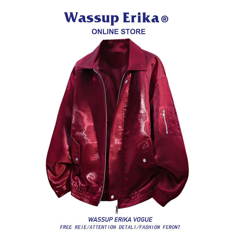 Wassup Erika Retro American-Style Red Jacket for Men, Autumn 2025 New Style, Cool Retro Lapel Jacket