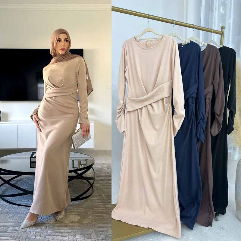 Turkish Fashion Design Long-Sleeved Dress Solid Color Loose Casual Plus Size Export Moroccan Long Dress