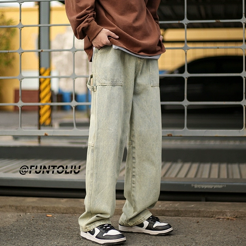 Демисезонные утепленные джинсы, штаны, повседневные брюки, свободный прямой крой, в американском стиле