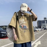 重磅麂皮绒polo衫男短袖夏季潮牌高街半袖美式复古卡通趣味体恤衫