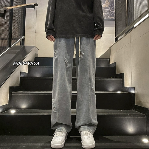 Осенние джинсы, повседневные брюки, в американском стиле, большой размер, на шнурках, свободный прямой крой