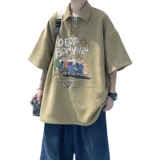 重磅麂皮绒polo衫男短袖夏季潮牌高街半袖美式复古卡通趣味体恤衫