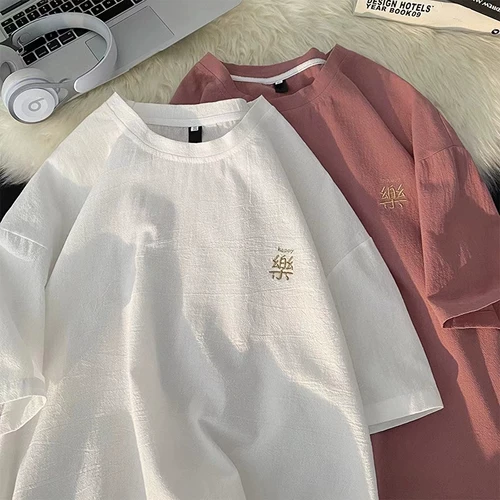 Летняя японская футболка с коротким рукавом для влюбленных, с вышивкой, оверсайз