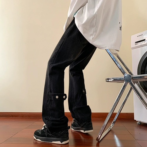 Осенние черные джинсы, штаны, облегающий крой, в американском стиле, свободный прямой крой