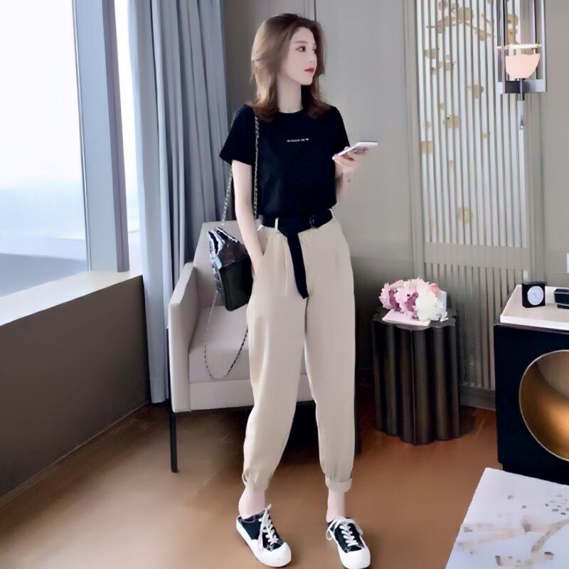 2023 new women's clothing summer fashion street short-sleeved khaki pants small man casual sports two-piece suit