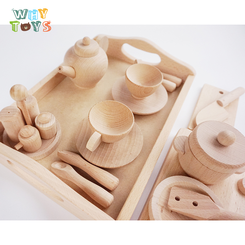 Solid wood children's teacup teapot family wine toy Wooden paint-free baby kitchen family set 2-3-4 years old