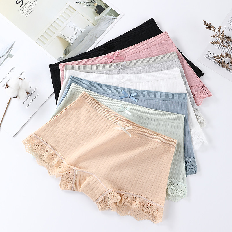 4 articles mid-waist lady's four-corner underpants no-mark teenage girl summer four-corner pants 100% full cotton crotch anti-walking light lace white
