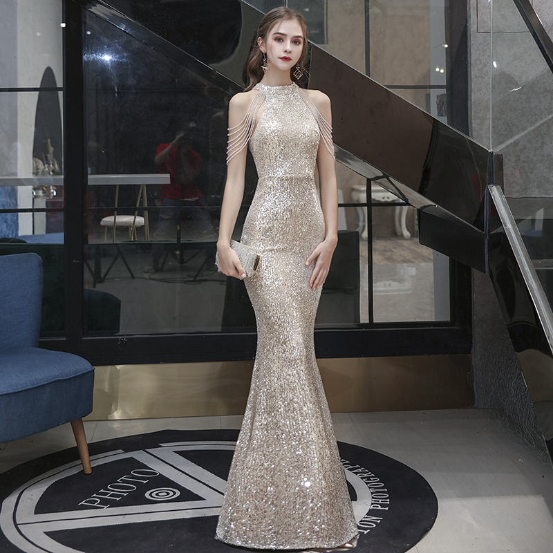 Halter Neck Evening Dress for Women, High-End Banquet Style, Elaborate Fishtail Long Dress, Light Luxury, Niche, High-End Annual Meeting Host