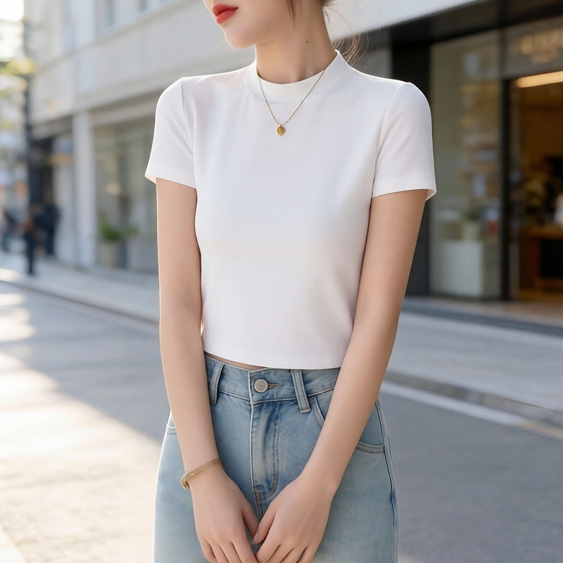 White Short-Sleeve T-Shirt for Women, Short Style, Summer, Tight-Fitting, New High-Waisted Design, Stand-Up Collar, Crop Top, Petite Size T-Shirt