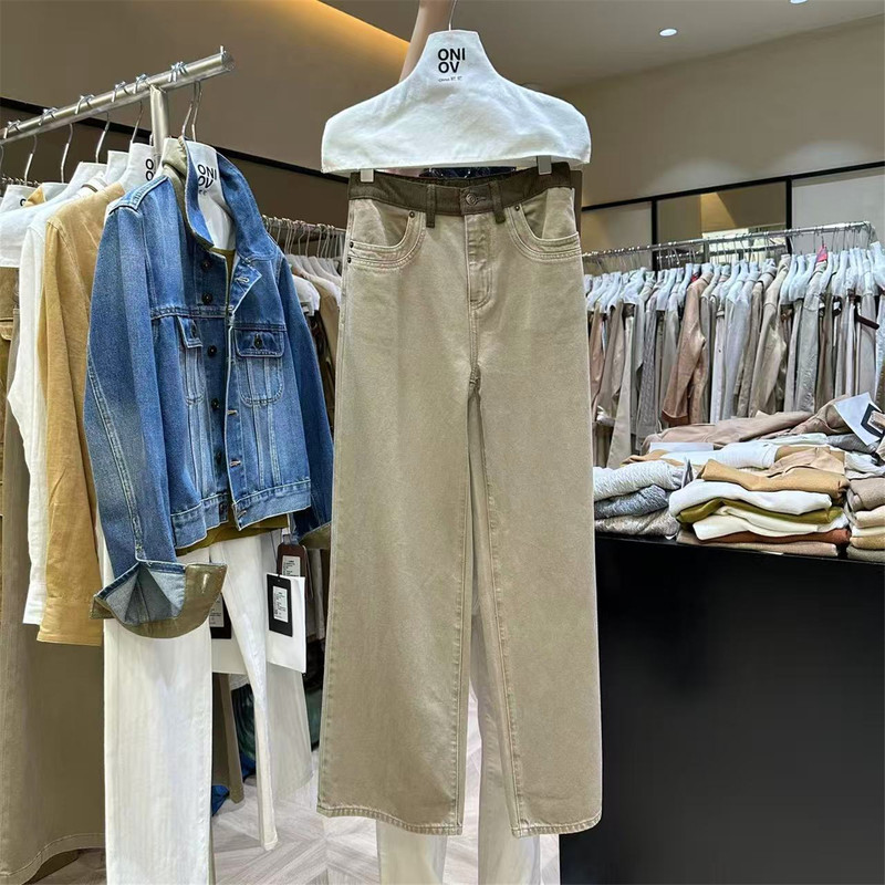 Oni Patchwork Retro High-Waisted Denim Wide-Leg Pants for Women, Old Money Style, Fashionable Color-Blocking Straight-Leg Trousers, Autumn 2026