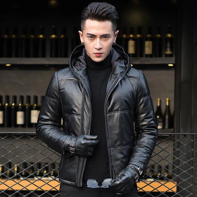 Winter New Model Haining Sheepskin Leather Jacket for Men, Short Slim Fit Hooded Leather down Jacket, Casual Warm Coat Winter New Model Haining Sheepskin Leather Jacket for Men, Short Slim Fit Hooded Leather down Jacket, Casual Warm Coat