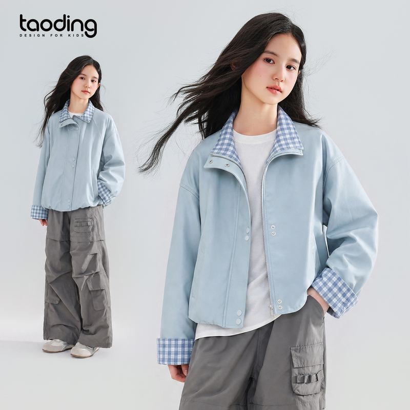 Taocheng Girls' Jacket, Autumn Korean Style Workwear Pattern, Casual, Simple, Versatile, Lapel Jacket, Fashionable Design