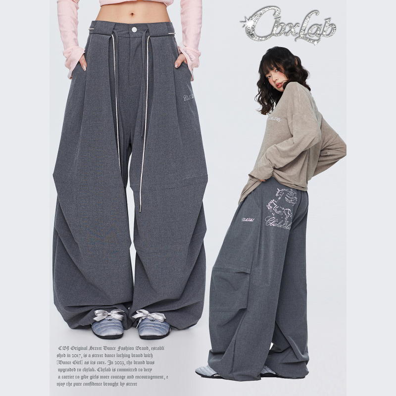 Cbxlab Street Dance Trendy Brand Gray "Y2K Rhinestone Ponytail Detail Pleated Casual Pants Hip-Hop Street Sports Pants