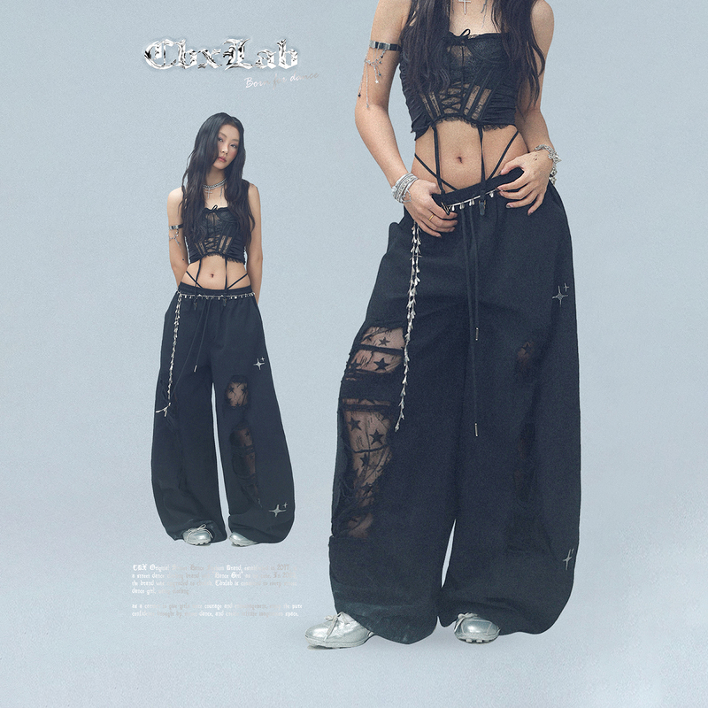 Cbxlab Street Dance Trendy Brand Black Denim Patchwork Ripped Dance Pants Hip-Hop Street American Style Casual Pants