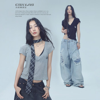 Cbxlab ຍີ່ຫໍ້ຮິບຮັອບ trendy ຄໍ v ສາວຮ້ອນເບິ່ງກະທັດຮັດແລະອ່ອນນຸ່ມ, waxy ແຂນສັ້ນ jazz lazy top ສໍາລັບແມ່ຍິງ