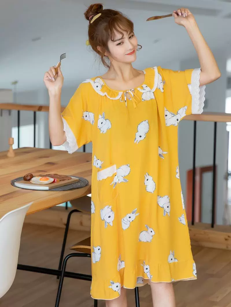 Sinh viên dễ thương cotton nhân tạo đồ ngủ tại nhà phục vụ mùa hè Váy ngủ nữ ngắn tay hàng rào phim hoạt hình Hàn Quốc lụa cotton lỏng lẻo - Đêm đầm