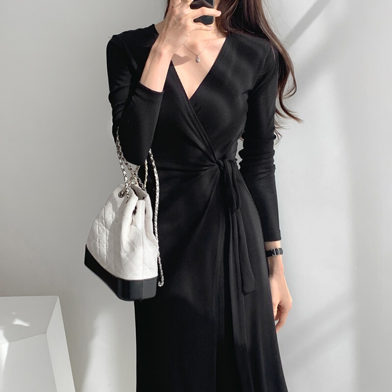 Long Skirt for Women in Spring and Autumn, Modal One-Piece Wrap Skirt, Waist-Cinching, Slimming, Sexy and Elegant, Slit Long-Sleeved Dress