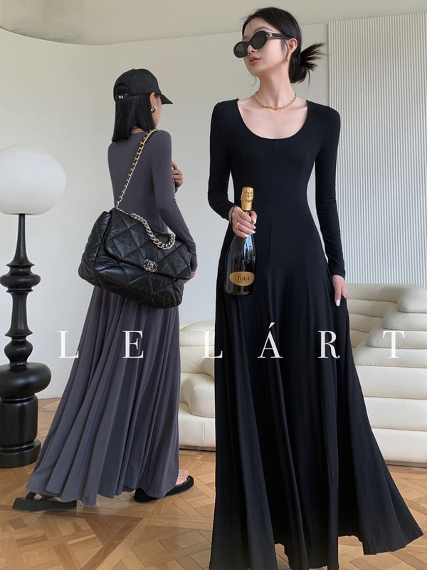 Modal Floor-Length Dress for Women, Spring and Autumn 2026 New Style, High-End, Extra-Long, Elegant, Large Hem, Pleated Long Skirt