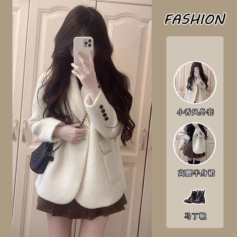 Suit for Women, New Autumn Style, Rich Girl's High-End Woolen Blazer, High-Waisted Slimming Skirt, Two-Piece Set