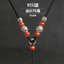 Sterling silver South red agate pendant lanyard chain rope hanging Hetian Jade Jade Buddha Guanyin beeswax pendant rope
