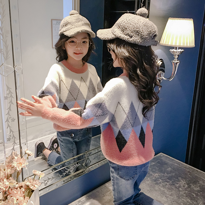Girl mink pullover sweater autumn winter clothing 2021 new children Girls middle and big children foreign-style knitted sweater