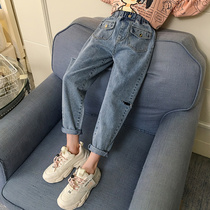 Girls foreign style autumn denim pants 2021 New Korean childrens fashion trousers childrens wear girls casual pants tide