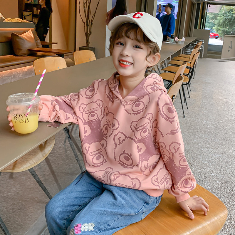 Girl trendy print small bear thick cotton T spring autumn 2022 new Han Fan tide clothes children even hat blouses spring clothes clothes