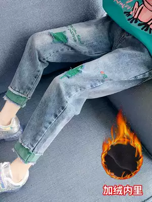 Girls spring and autumn jeans autumn clothes 2021 New plus velvet thickened children's autumn and winter trousers