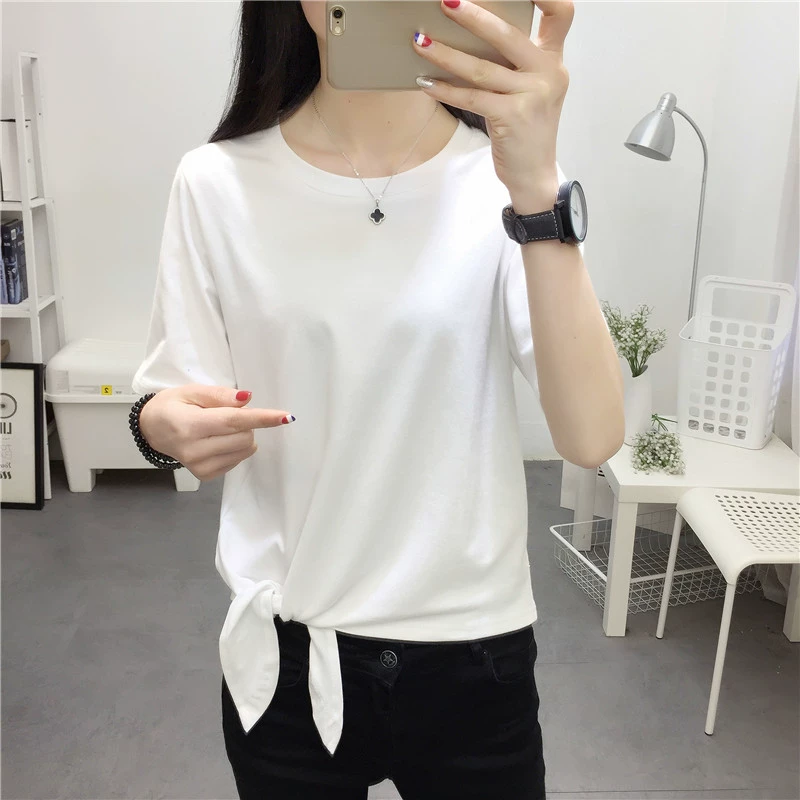 Mùa hè 2018 mới phong cách BF BF Hồng Kông hương rắn màu Áo thun nữ ngắn tay Hàn Quốc lửng sơ