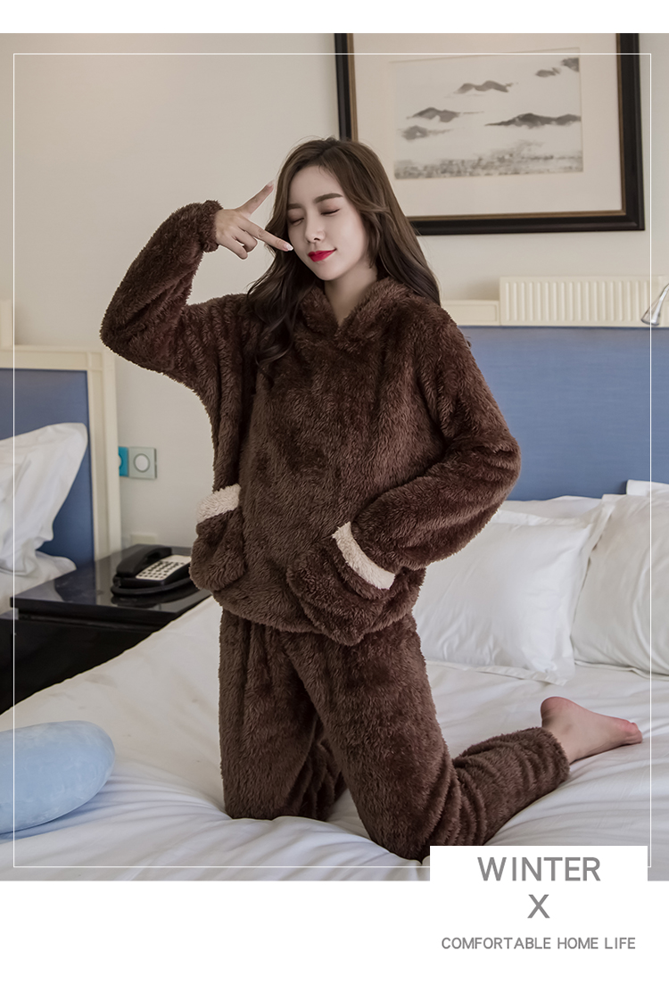 Đồ ngủ nữ mùa đông ấm áp flannel trùm đầu dễ thương sang trọng nữ dịch vụ nhà dày phiên bản Hàn Quốc ấm áp thoải mái đồ bộ pijama