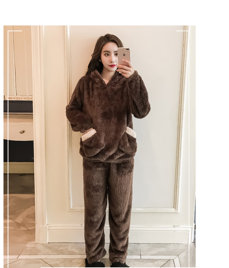 Đồ ngủ nữ mùa đông ấm áp flannel trùm đầu dễ thương sang trọng nữ dịch vụ nhà dày phiên bản Hàn Quốc ấm áp thoải mái đồ bộ pijama