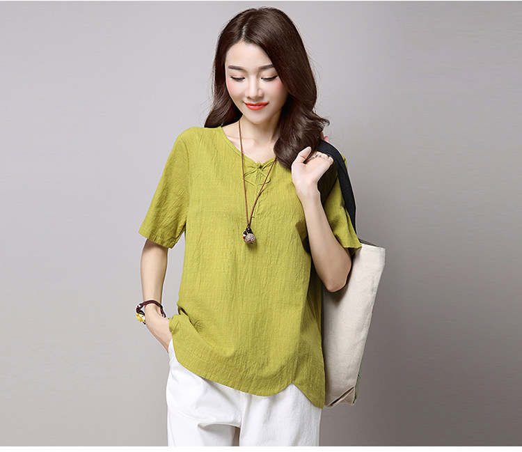 实拍3260#2022年夏新款棉麻大码女装文艺复古短袖T恤详情18