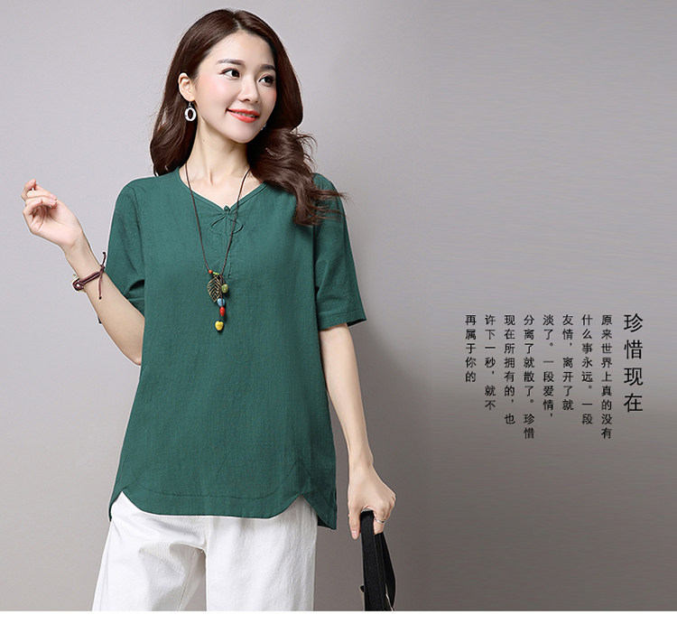 实拍3260#2022年夏新款棉麻大码女装文艺复古短袖T恤详情20