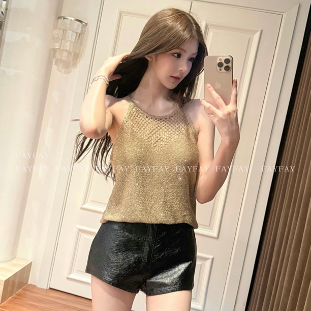Fay【Bright Silk Secret】Loose and Elegant Halter Neck Breathable Sleeveless Knitted Hollow-Out Tank Top Fay【Bright Silk Secret】Loose and Elegant Halter Neck Breathable Sleeveless Knitted Hollow-Out Tank Top