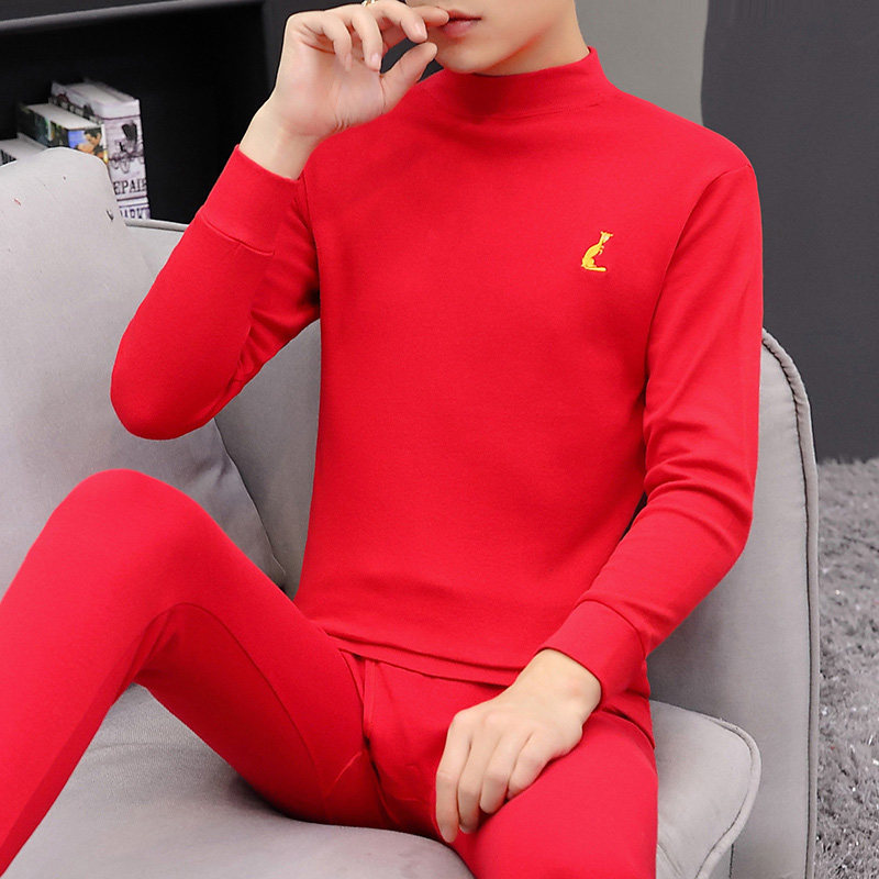 Red men's thermal underwear set pure cotton thin section natal year autumn clothes and johns set half-high collar inner wear cotton