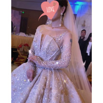 Main wedding dress 2020 new bridal wedding dress female word shoulder court starry sky long-sleeved tail luxury out of yarn