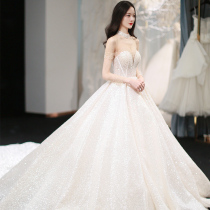 Starry sky light wedding dress 2020 new temperament bride French stand-up collar super fairy Hepburn luxury luxury tail dress female