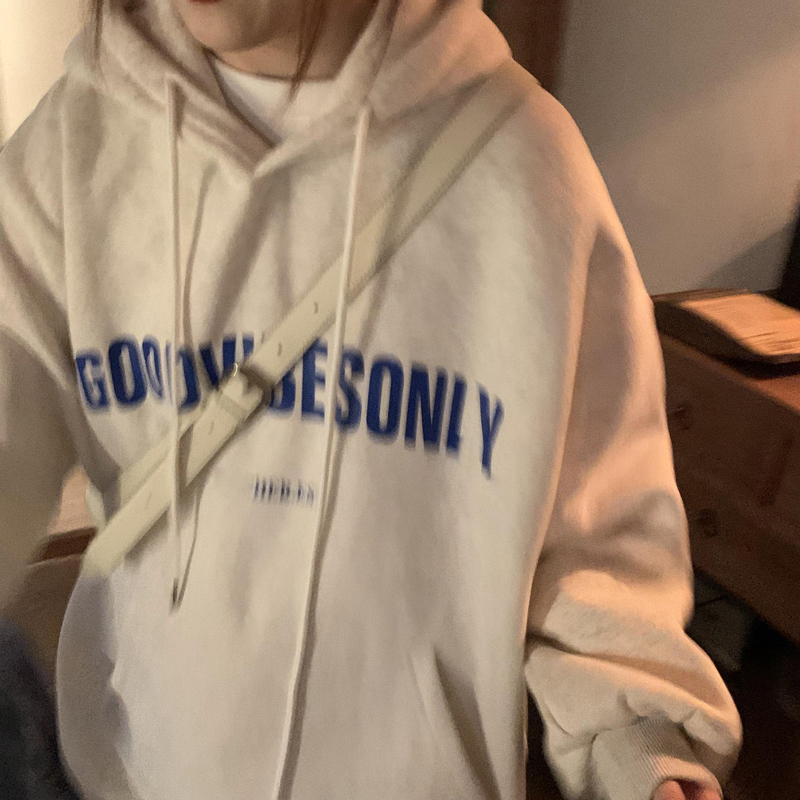 Cotton Real-Shot Korean Style Autumn Loose Hooded Sweatshirt for Women, Lazy Style, Relaxed Feel, White Pullover with Hood