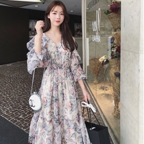 Fat sister 2021 spring and summer clothes fat mm design sense skirt long skirt floral chiffon slip shoulder size dress